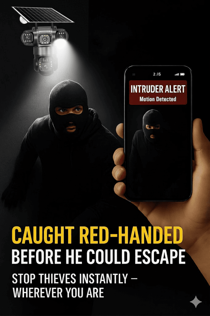 A solar security camera catching an intruder at night, with an alert on a smartphone.